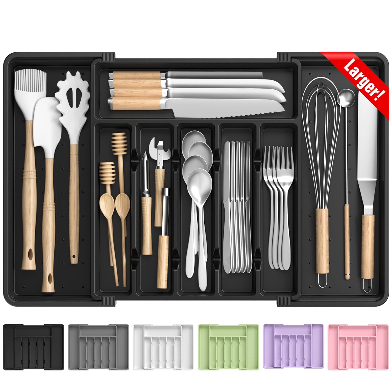 RoomHacks Large Silverware Organizer,Expandable Utensil Drawer Black