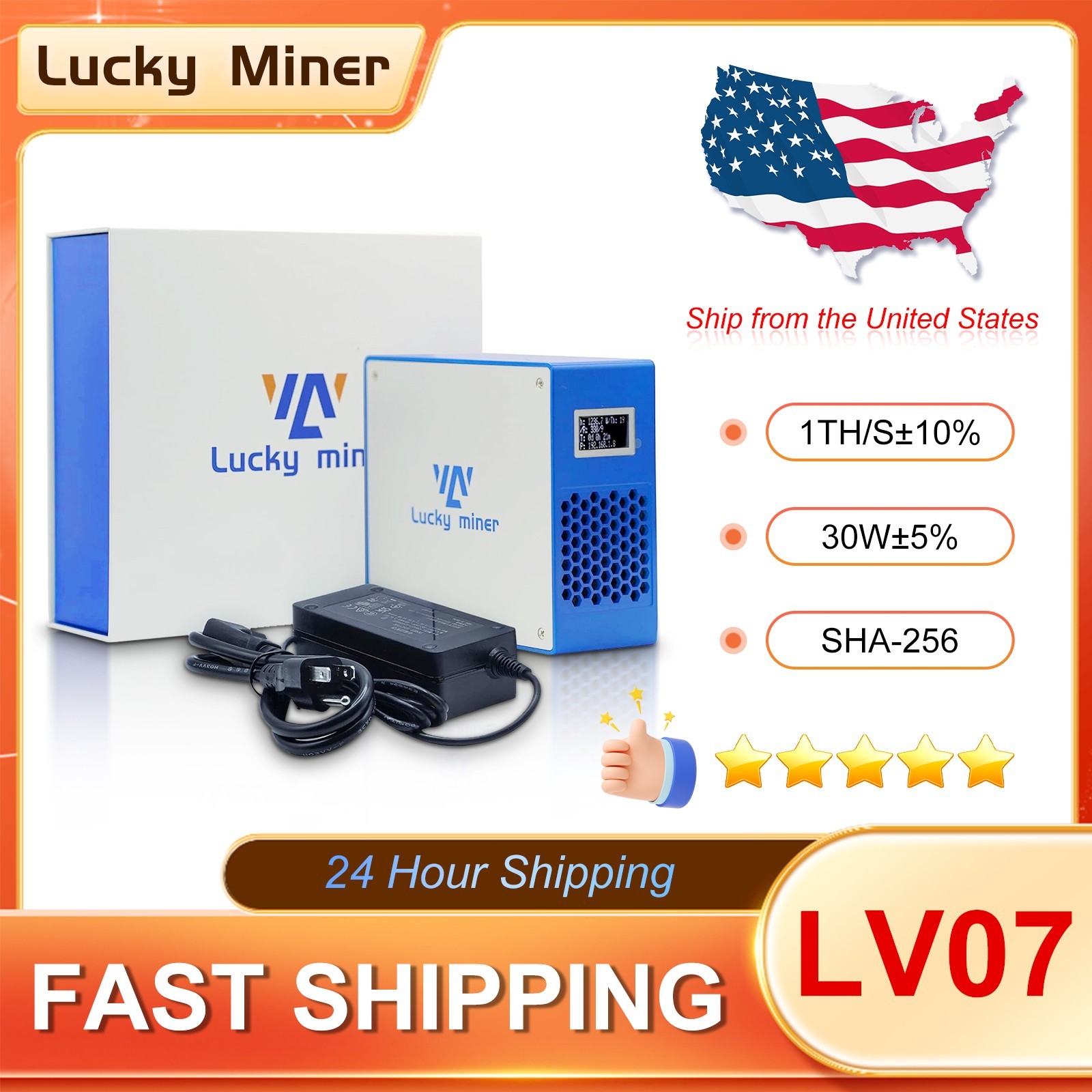 US Ship Lucky Miner LV07 Bitcoin BTC SHA-256 1T WIFI Solo Miner PSU Lotto Device