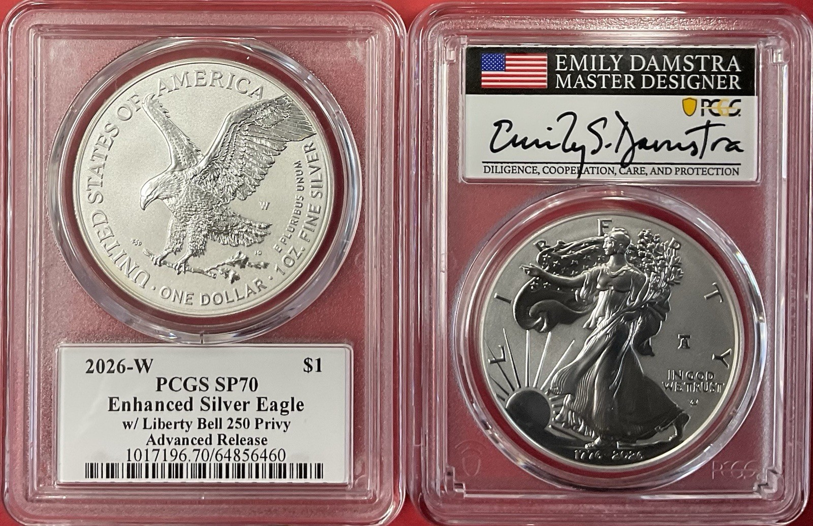 2026-W Enhanced Silver Eagle W/ LB 250 Privy PCGS SP70 Advanced Realease Damstra