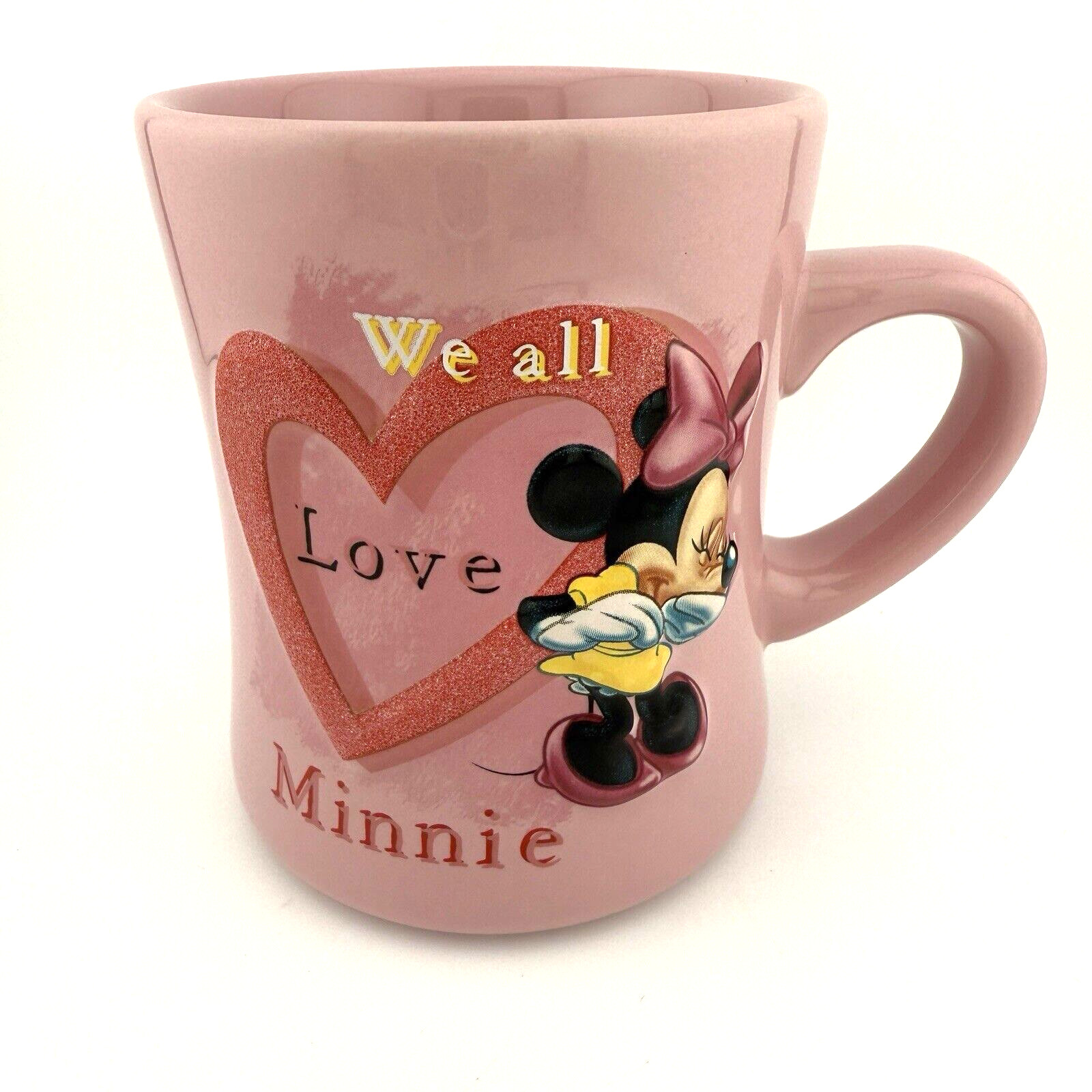 Minnie Mouse Mug "We All Love Minnie" Pink 3D Heart Coffee Disney Parks 4.5 "