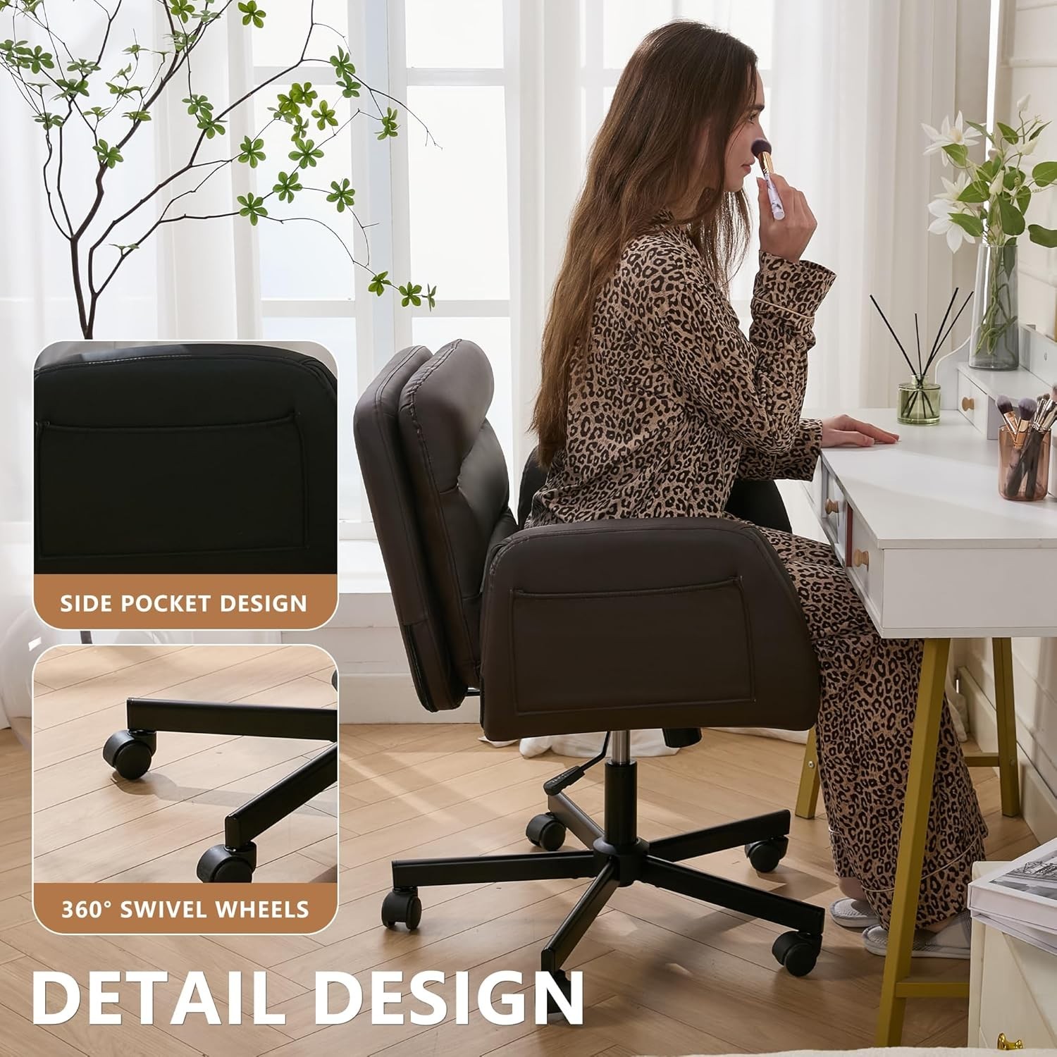 Criss Cross Chair with Flip-Up Arms & Swivel Wheels, Vanity Chair with Adjust...