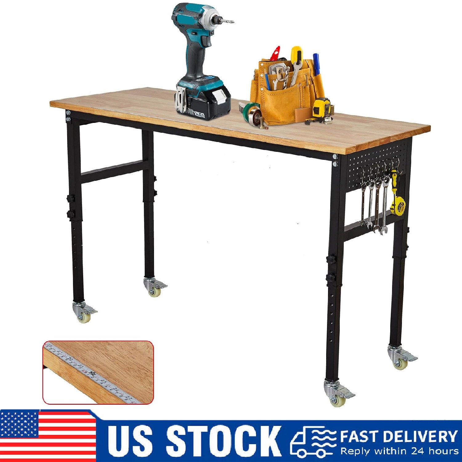 48" Adjustable Workbench 2000Lbs Load Rubber Wood Work Bench w/Pegboard & Wheels