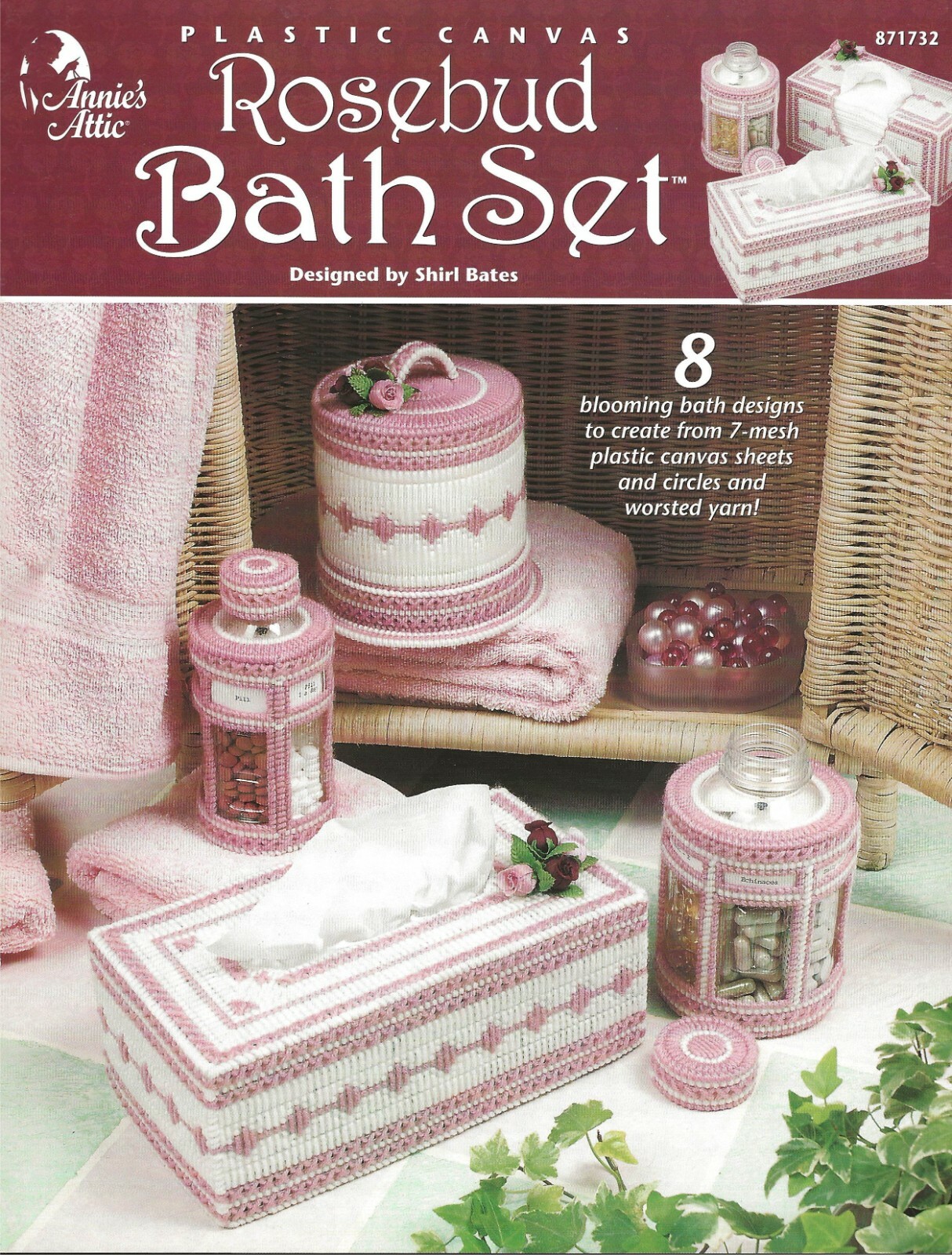 Rosebud Bath Set Plastic Canvas Bowl Brush Holder Tissue Holder Vitamin Holder