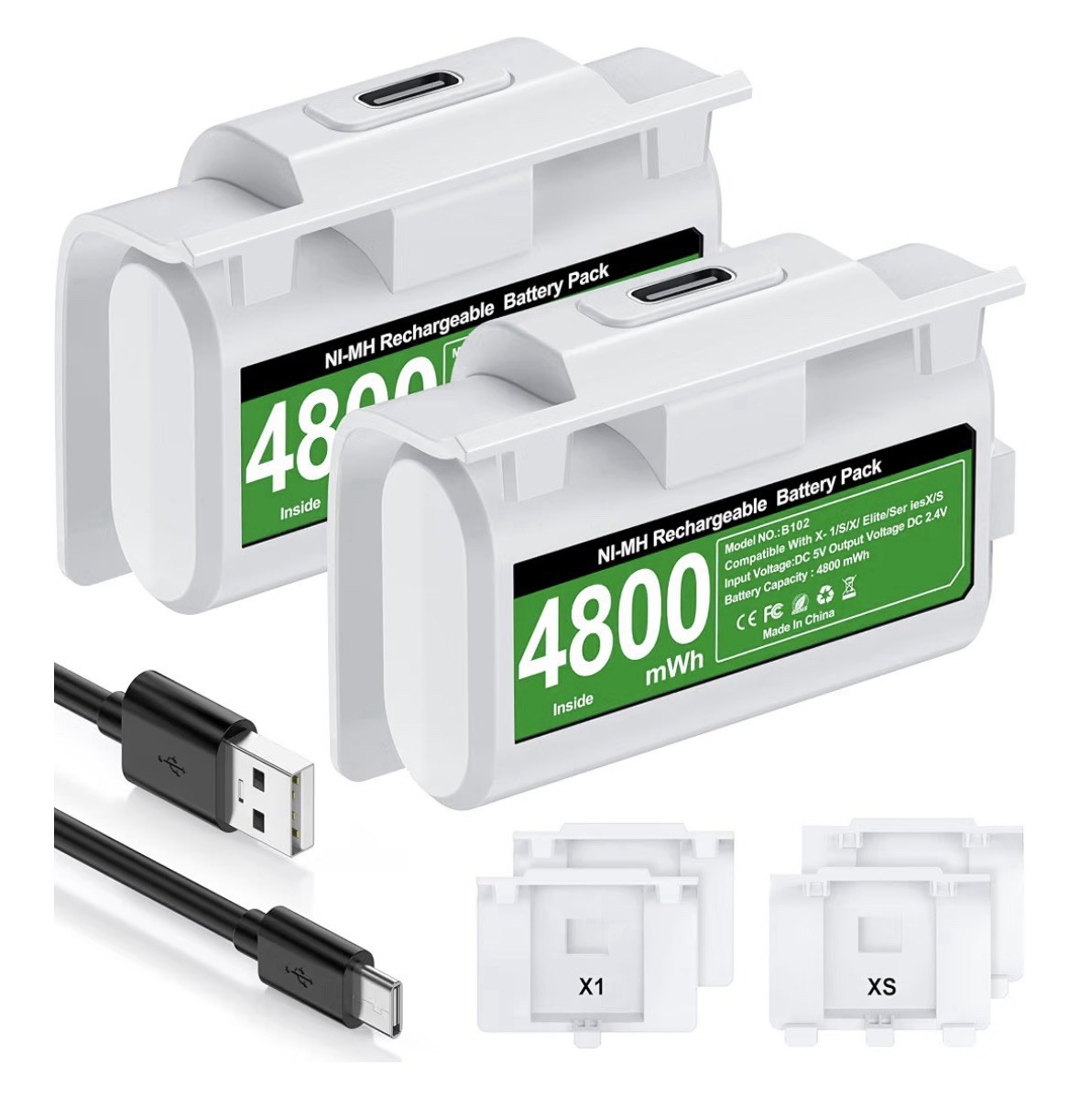 Rechargeable Xbox Controller Battery Pack 2x4800mWh w/ 4 Back Covers USB-C White