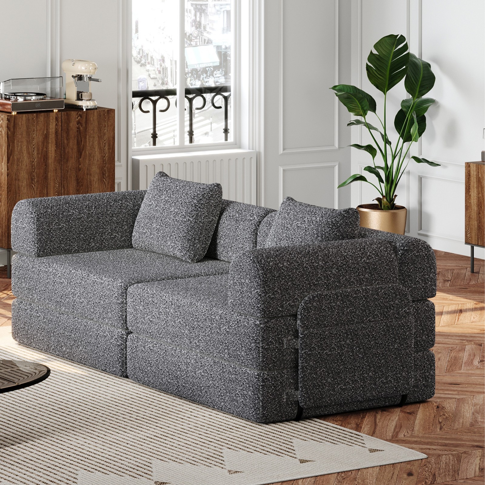72in foldable Chenier sofa, equipped two side storage bags and two cushions Grey