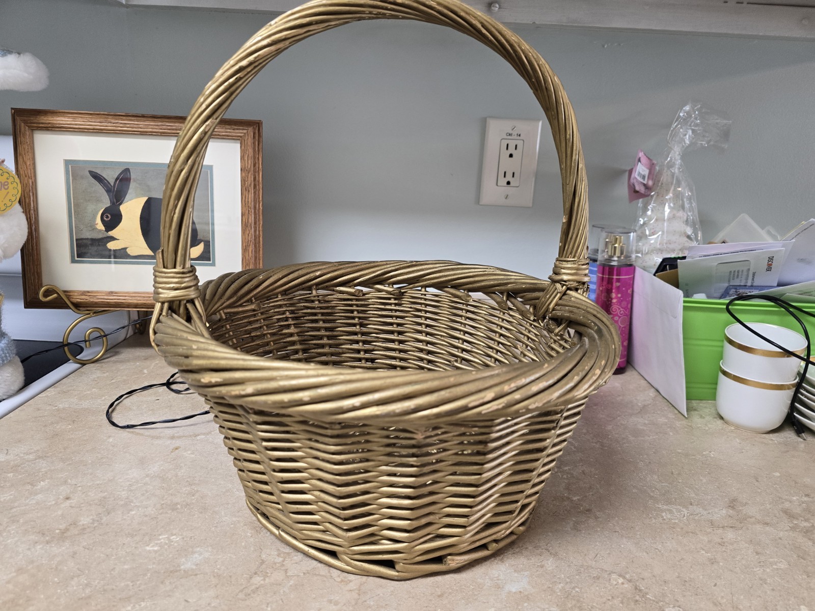 Vintage Gold Easter Basket Wicker Approx 13" H and 13" In Width