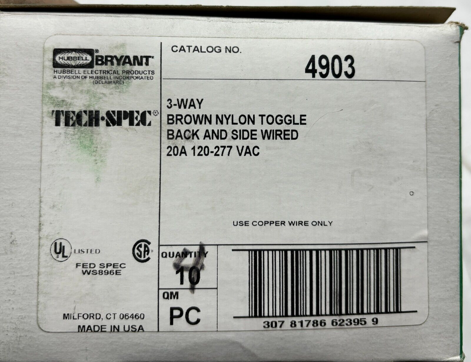 BRYANT FED Spec Brown Nylon Toggle  4903 120-277VAC 20A BOX OF 10 ⭐