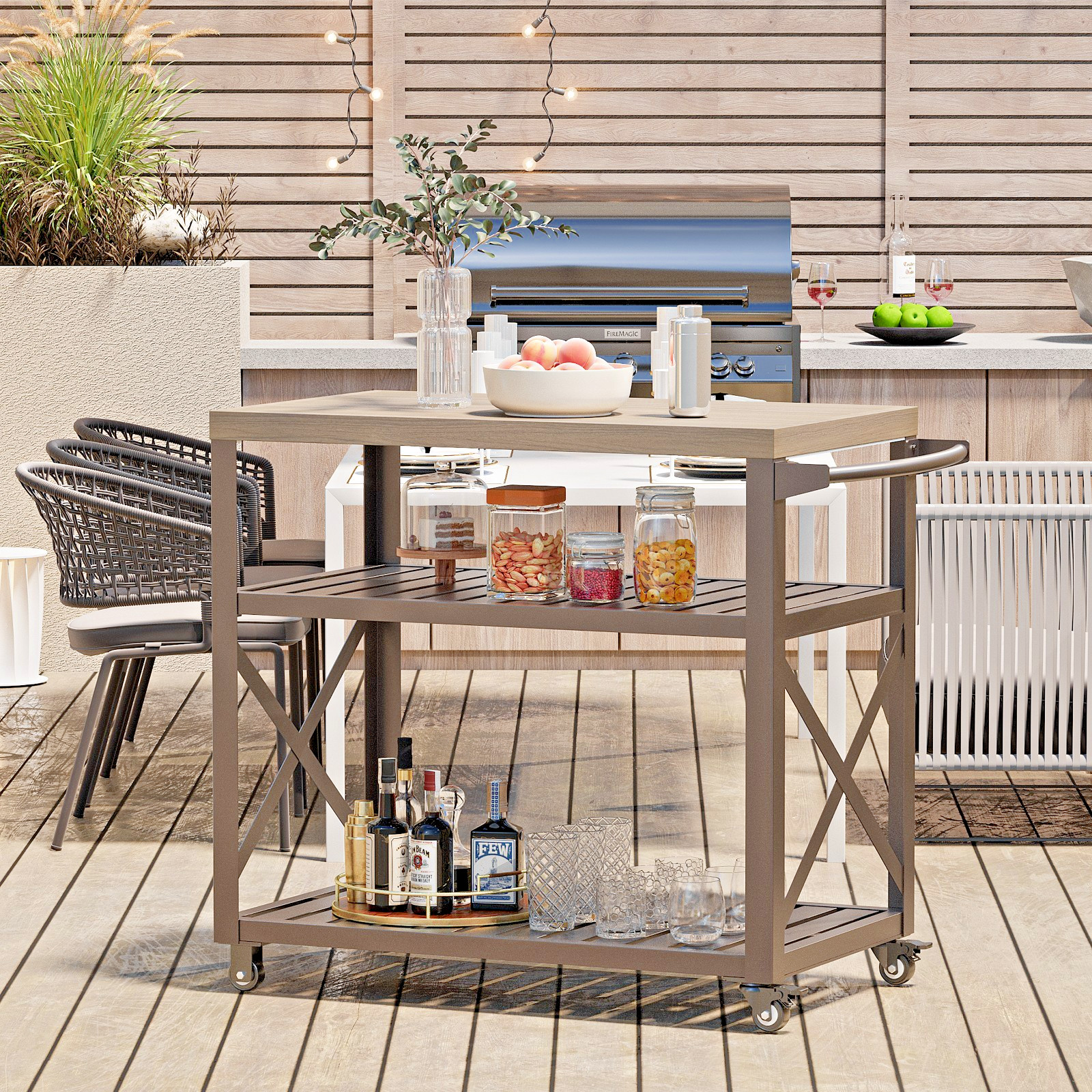 3 Shelf Movable Grill Table Outdoor Garden BBQ Food Prep Cart with 360° Wheels