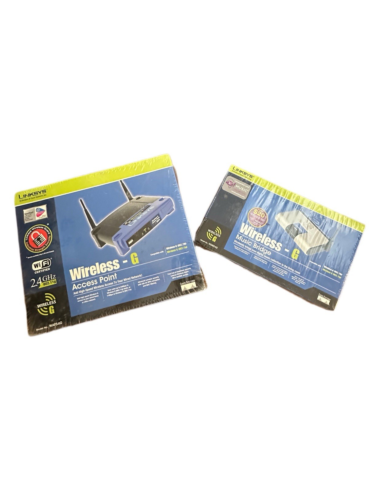 Lot of 2 NEW SEALED Linksys Wireless-G WAP54G Access Point & WMB54G Music Bridge