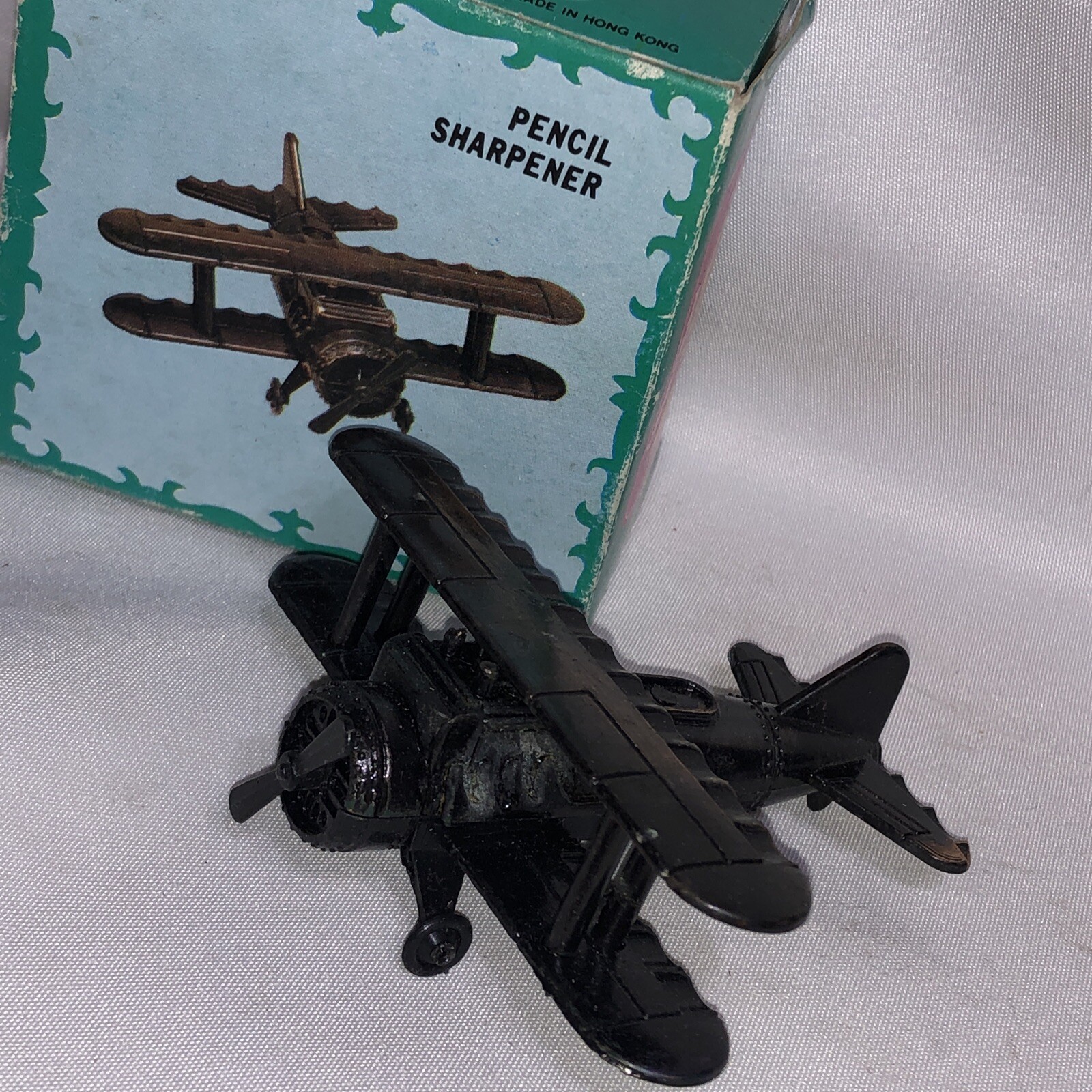 Vtg Antique Finished Pencil Sharpener AIRPLANE Die-Cast Miniature Box #9626 /6a