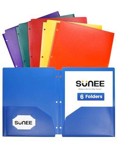 3 Hole Pocket Folders (6 Pack, Assorted Color) Plastic Multicolored 1 6-Pack