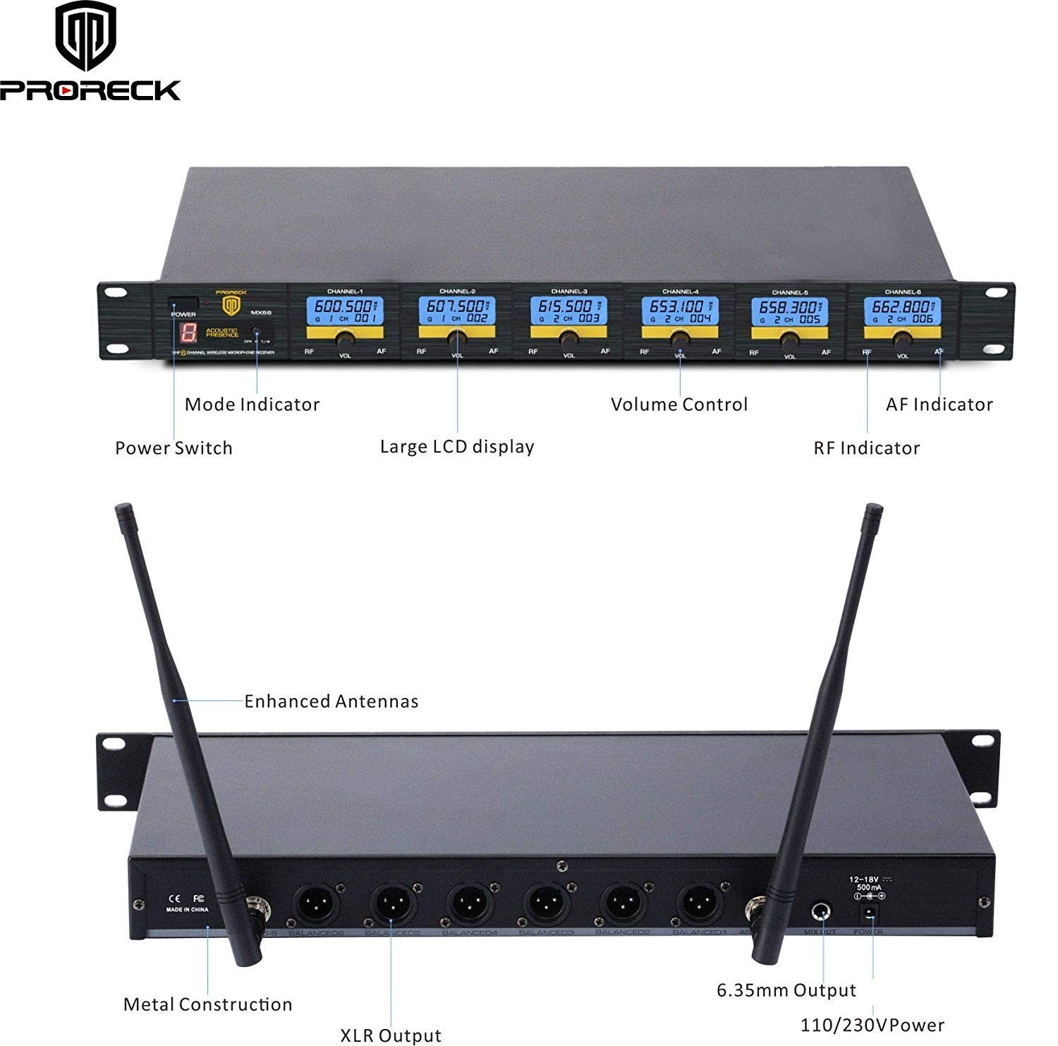 PRORECK MX66 6-Channel UHF Wireless Microphone System Old frequency, Black