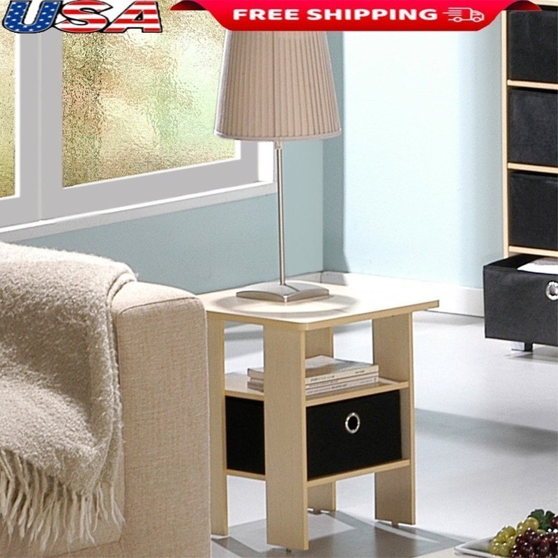 Engineered Wood End Table W/ Storage Bin Open Shelf Compact Design Indoor New