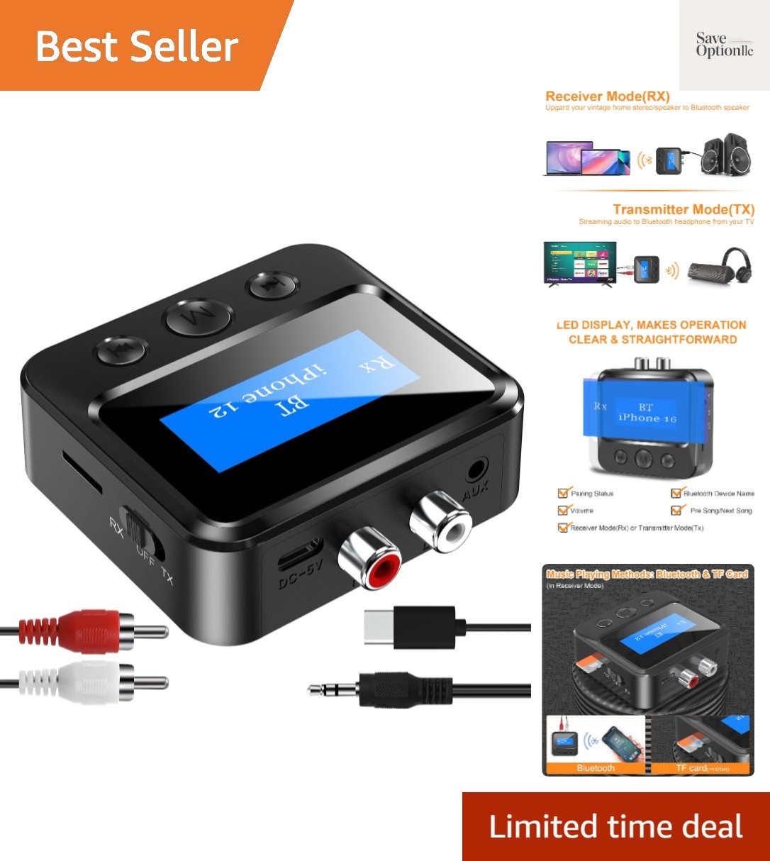 Bluetooth Transmitter Receiver for TV, with RCA 3.5mm AUX & Display Audio Ada...