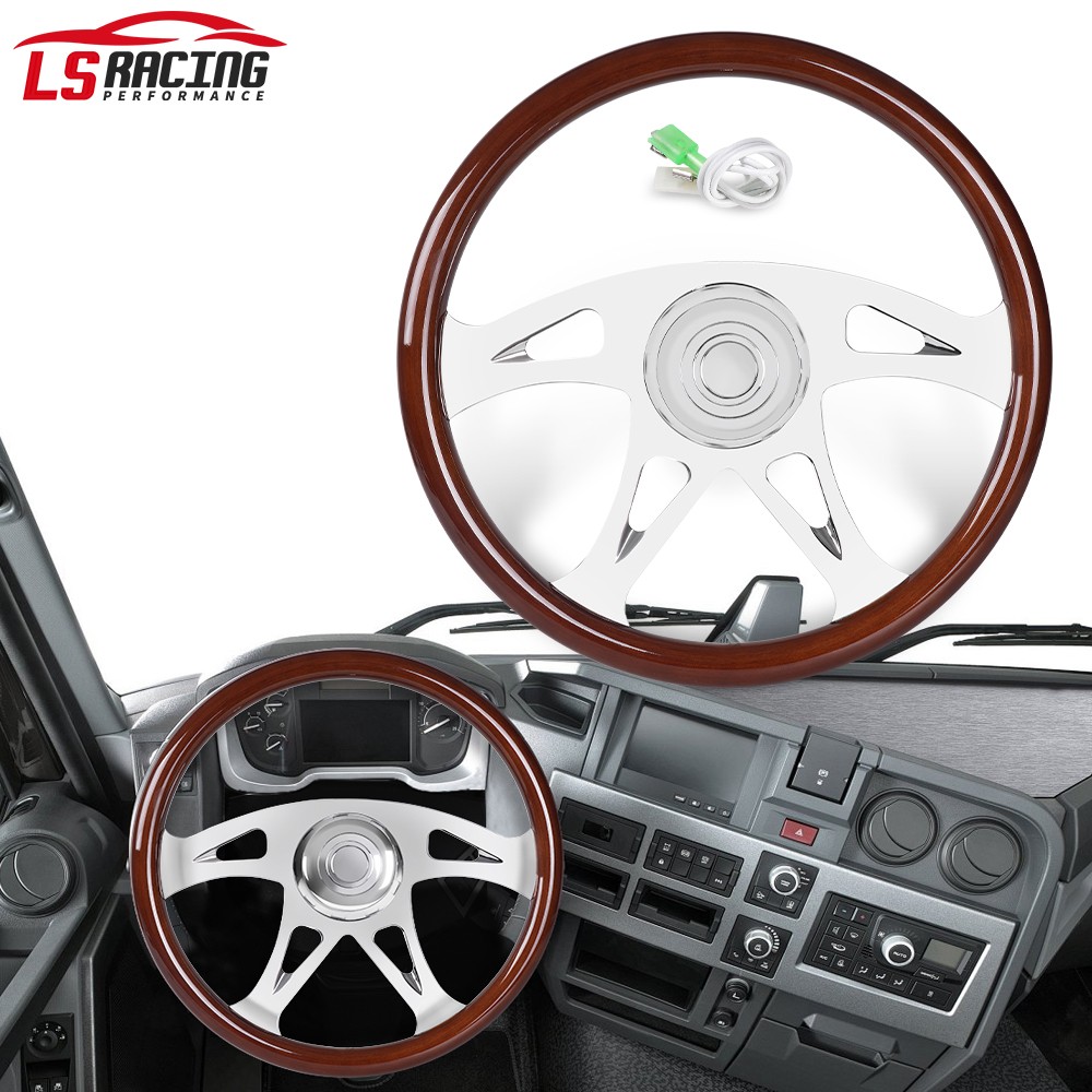 18" Wood Steering Wheel Chrome 4 Spoke For Truck w/Horn Button