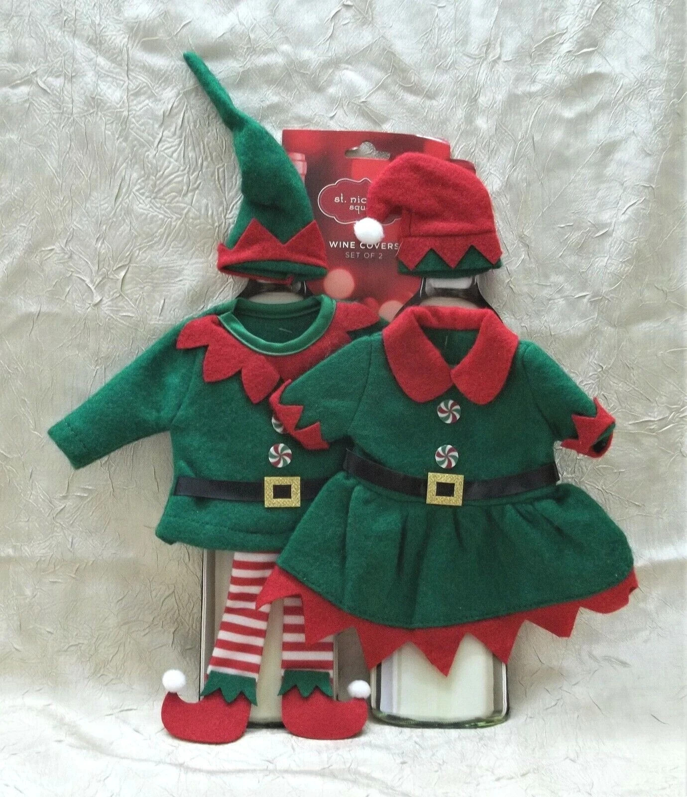 Elf Boy & Girl Fabric For Wine Bottle Cover Set St Nicholas Square Brand New