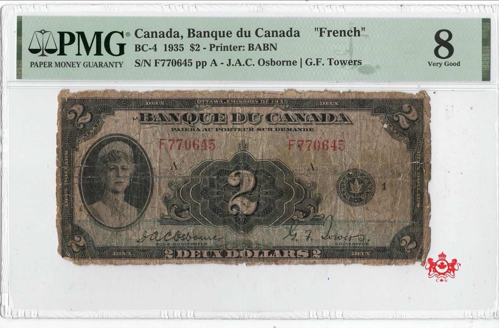 1935 Bank Of Canada 2$ French F770645 - PMG VG8 - Discoloration B.V 350$