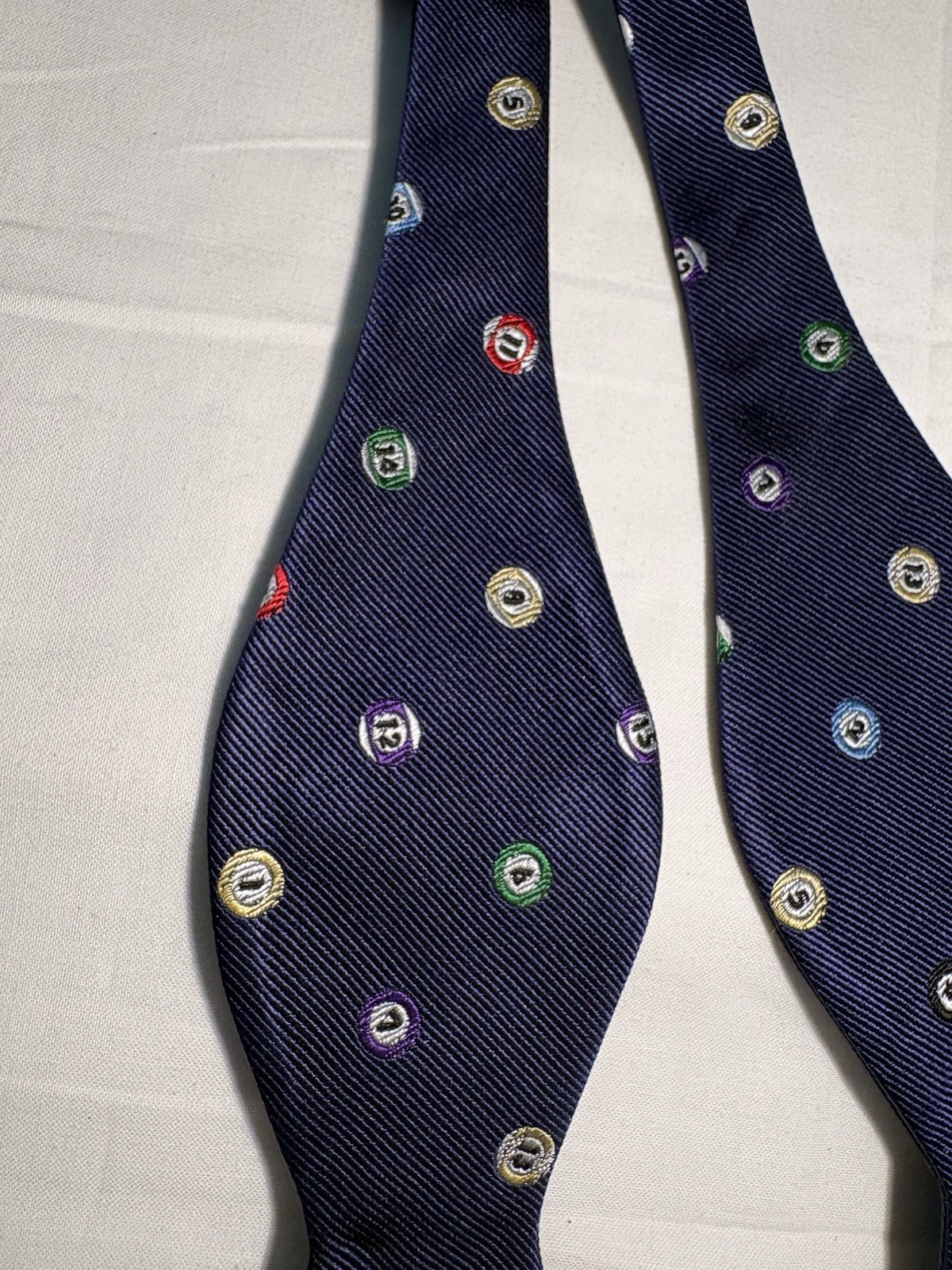 Rooster Bowtie Navy Blue Repp Pool Ball Pattern 100% Silk Self Tie, NWT