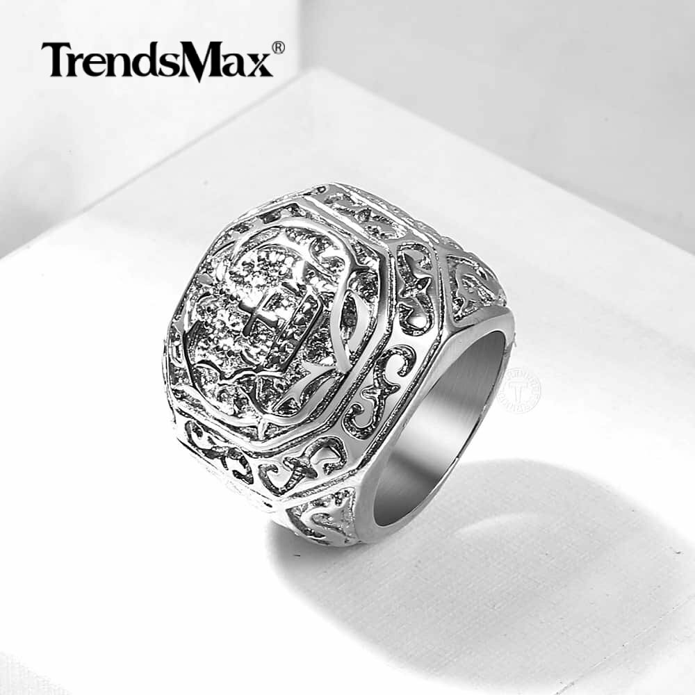 Men's Ring 316L Stainless Steel Carved Cross Band Ring Punk Retro Size 8-13