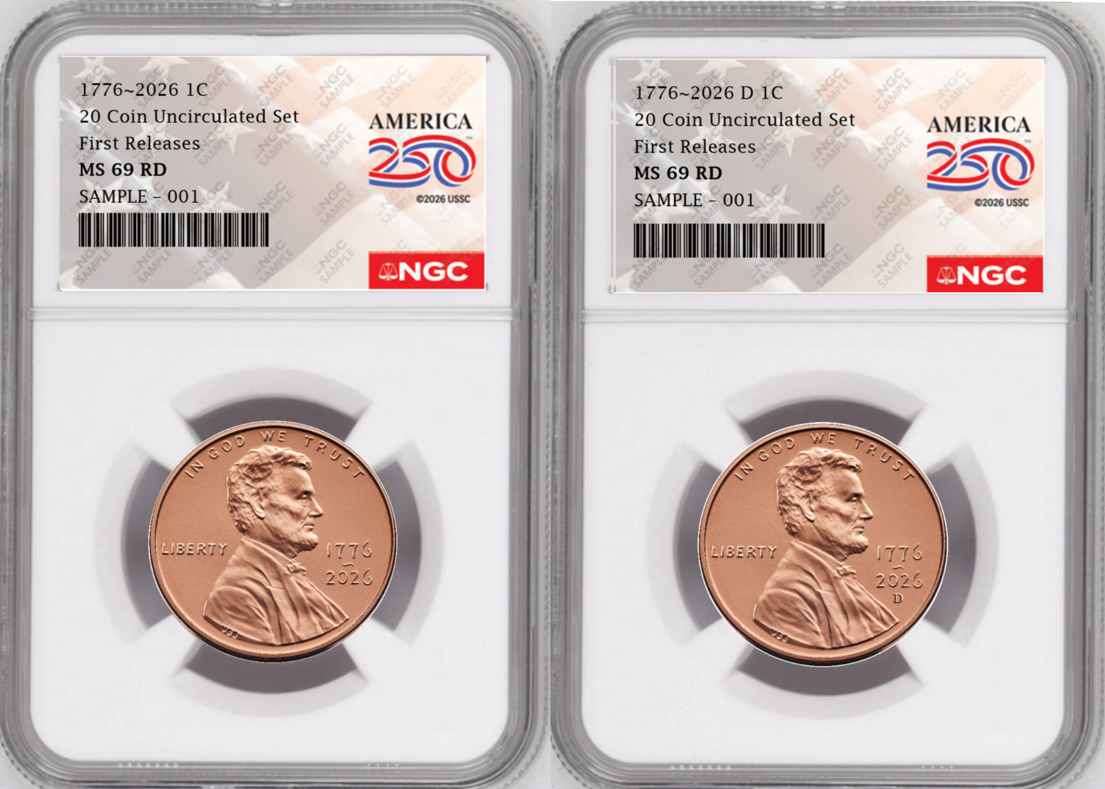 2 Coin set, 1776-2026 P & D  Lincoln Cent , NGC MS 69 RD FR, 250 Flag Presale