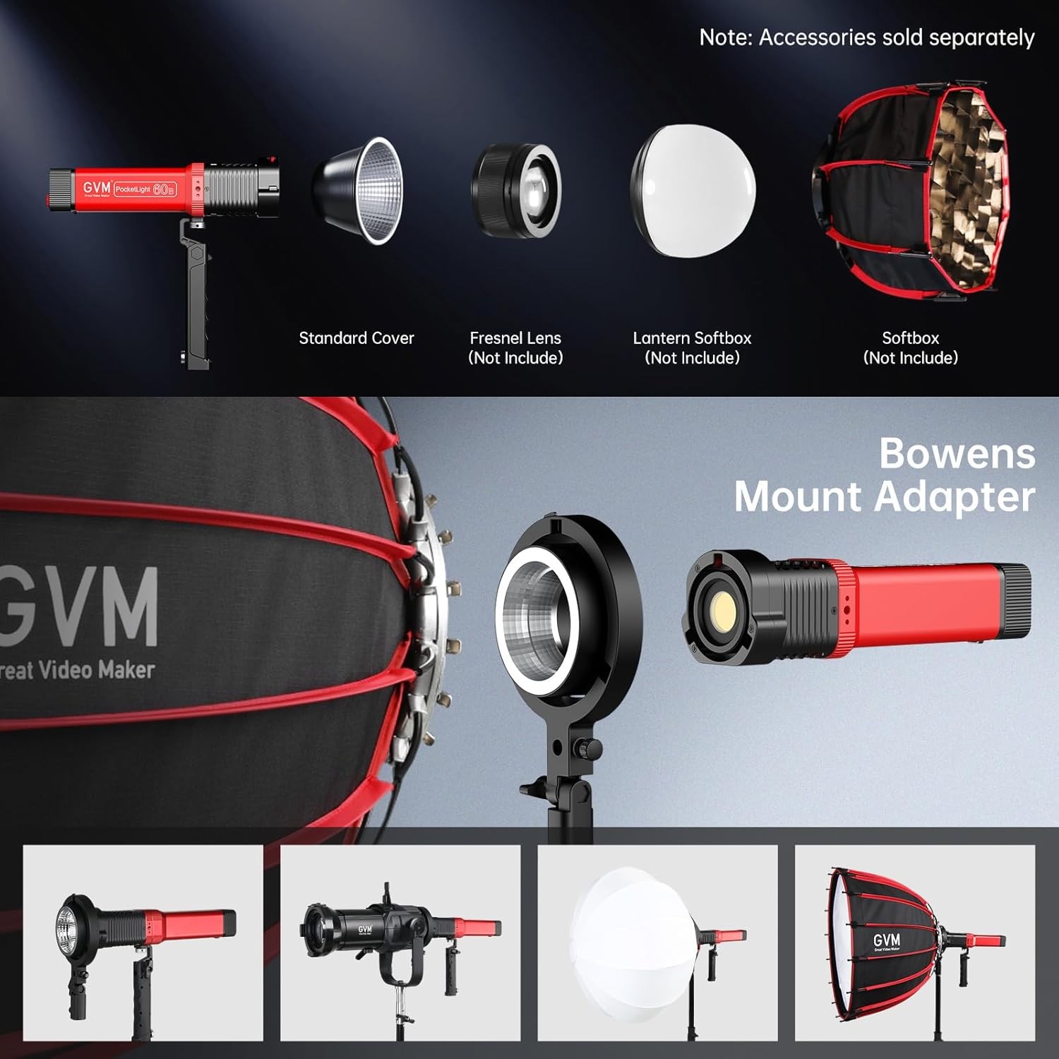 GVM Great Video Maker 60B-1 Portable Studio Lights with Bowen Mount Adapter, RED