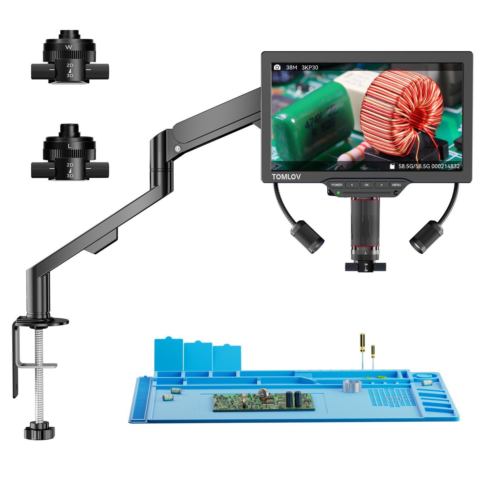 TOMLOV 3D Digital Soldering Microscope Magnetic Flex Arm 2000X Coin Microscope