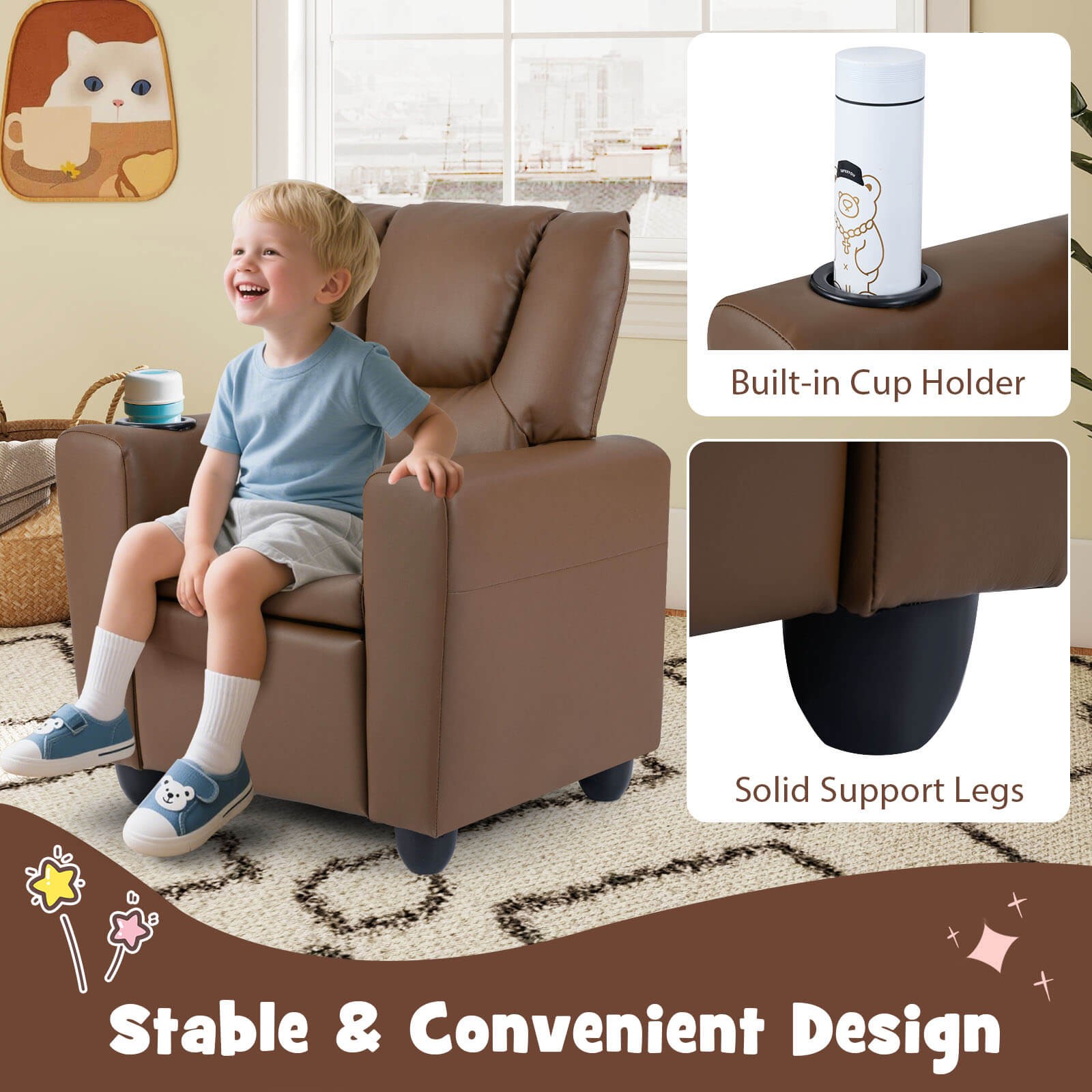 Kids Recliner w/Cup Holder Adjustable Backrest & Footrest for Boys & Girls