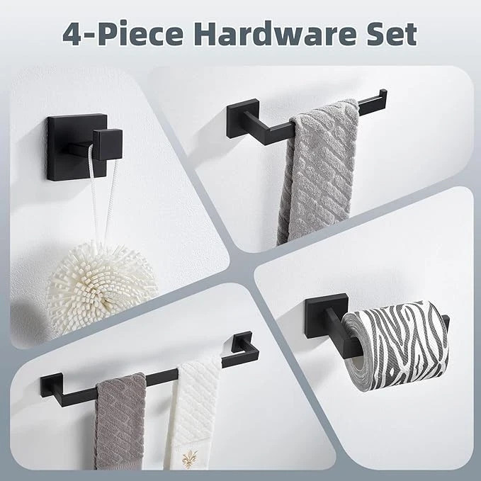 Matte Black 4-Piece Complete Bathroom Accessory Set Towel Bar & Hardware Kit