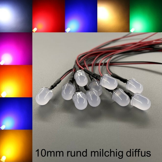 Wired 10mm LEDs Round Milky Diffuse All Colours 10mm LED Resistors +
