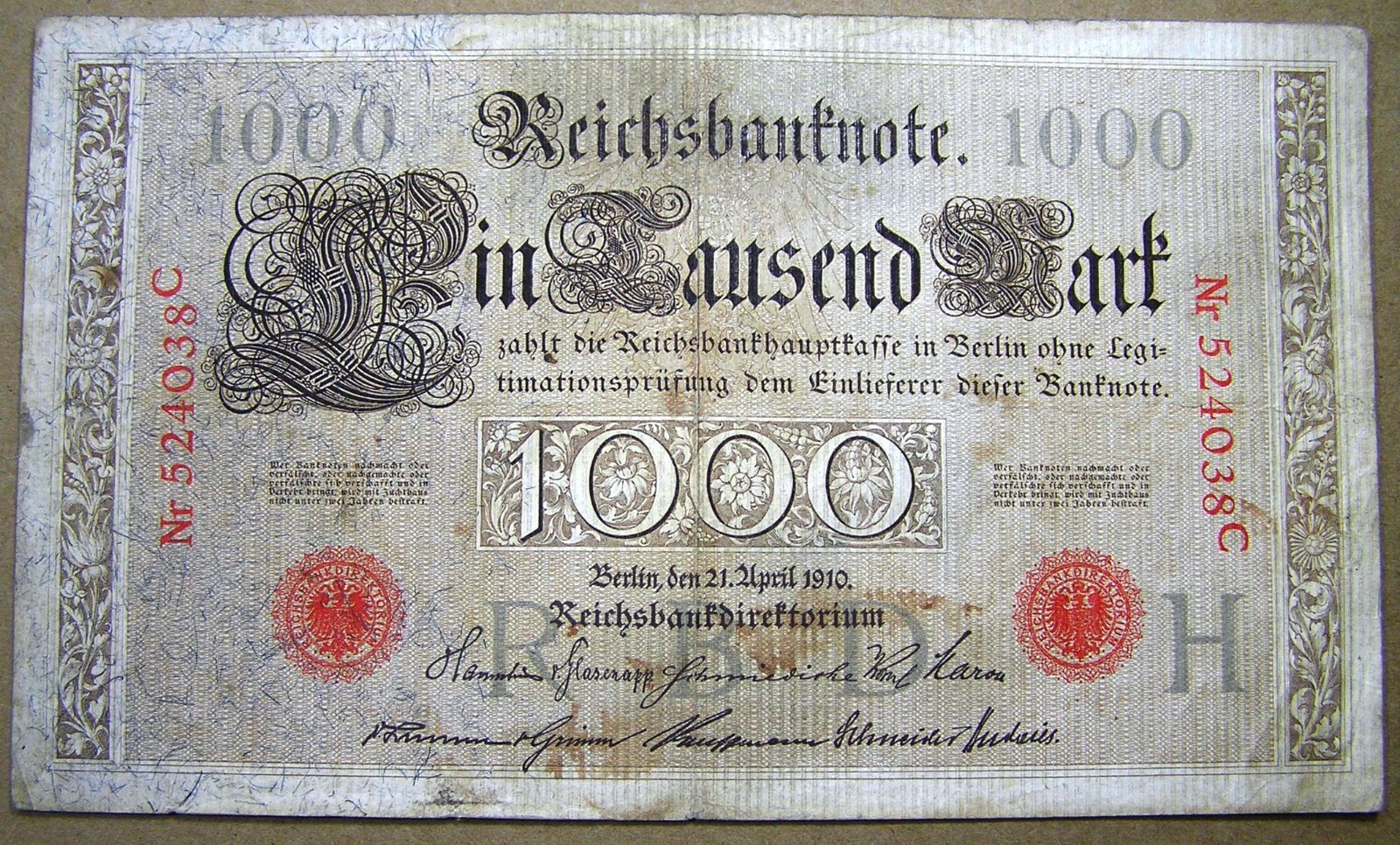 Germany 1000 Mark Banknote 1910 P-44a, 6 Digit Red SN & Seal, Combined Shipping