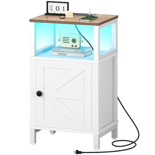 Farmhouse Nightstand with Charging Station, Wood Night Stand End with White