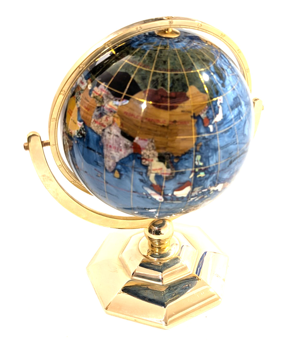 Alexander Kalifano 8" Gemstone Globe Brass Compass Stand 13" Decor Collectible