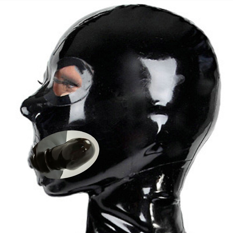 Black Latex hood Rubber Mask with Back zip&Mouth stuff for Fetish clubwear BDSM