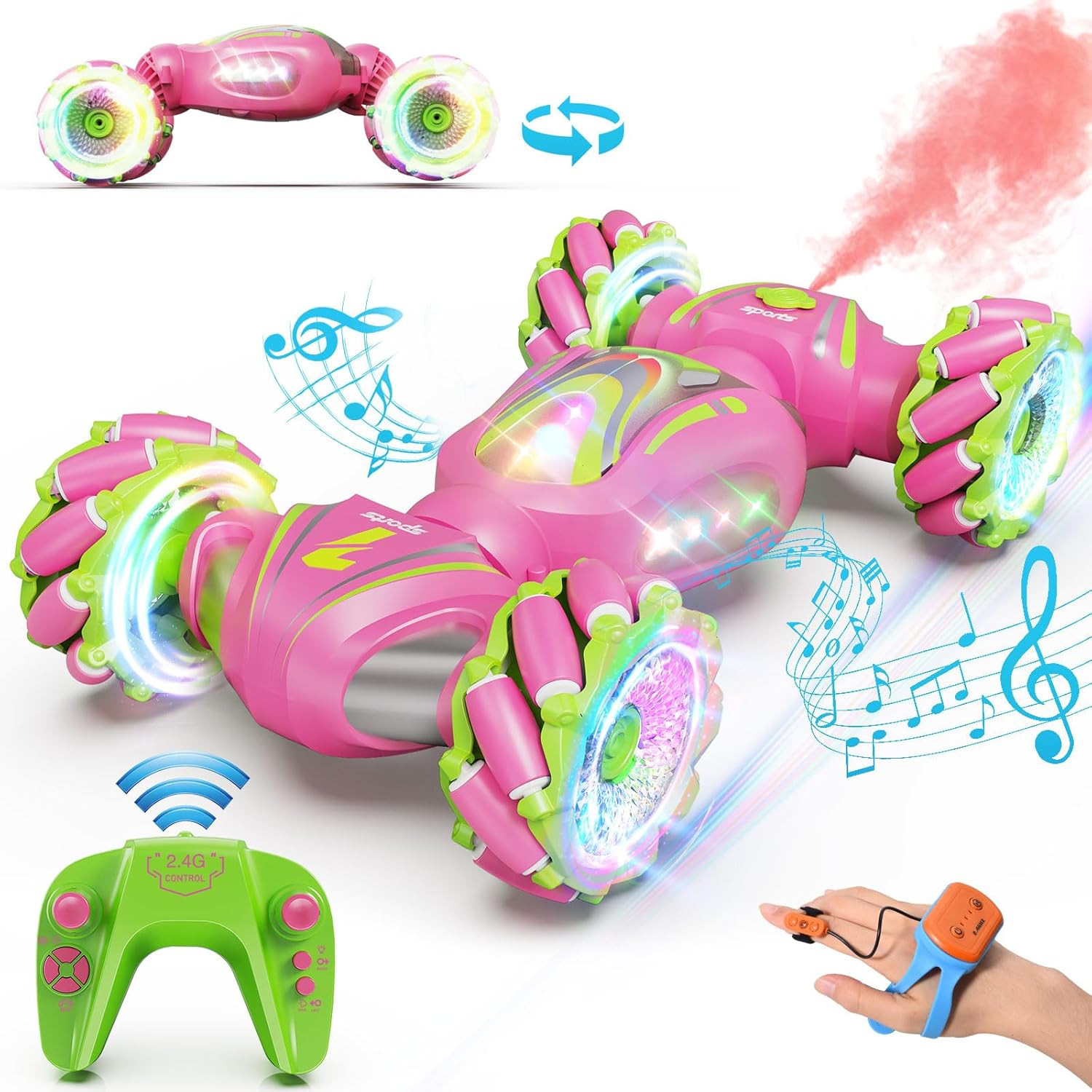 Remote Control Car, Pink RC Cars for Girls, Gesture Stunt with Light & Music, 4W