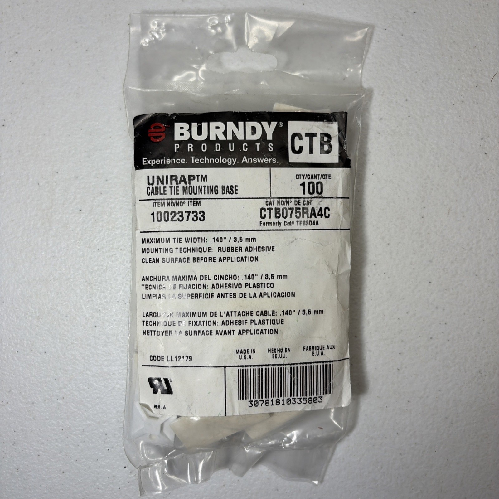 Pack of 100 Burndy Unirap Cable Tie Mounting Base Max Width .140” CTB075RA4C