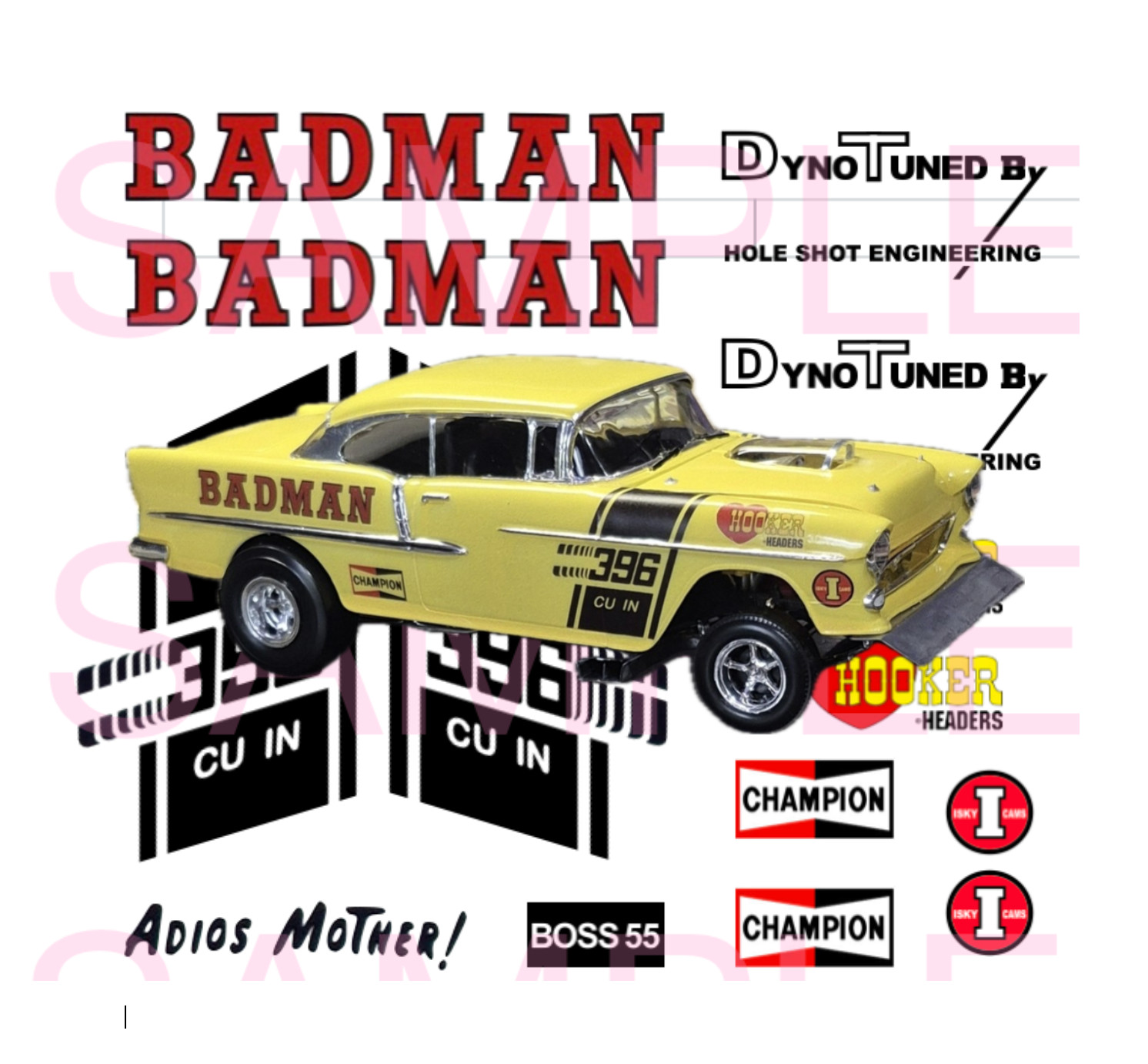 Badman 55 Chevy Gasser Water Slide Decals 1:24 scale