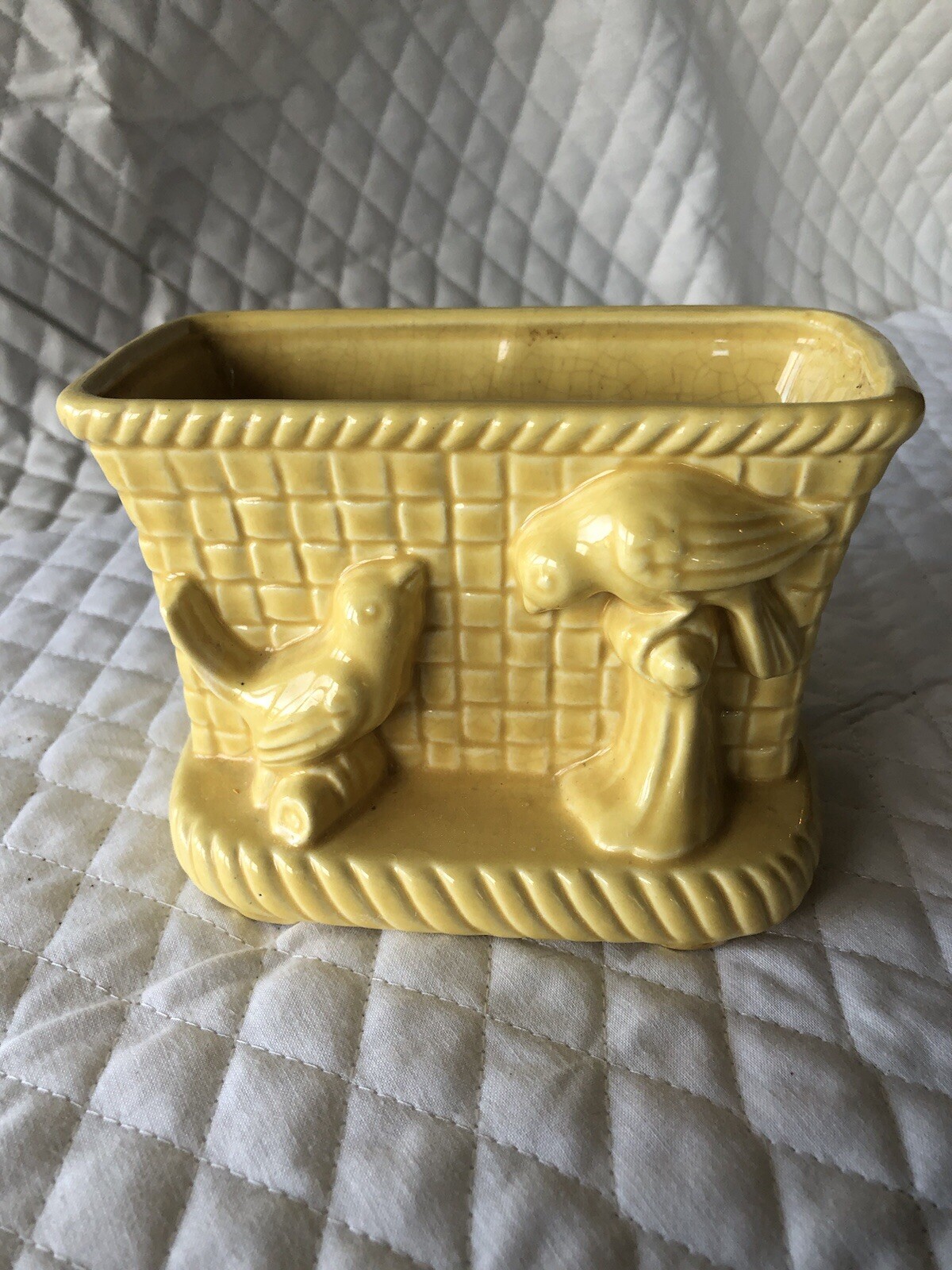 Vintage Yellow Planter with Basketweave and Birds design, excellent