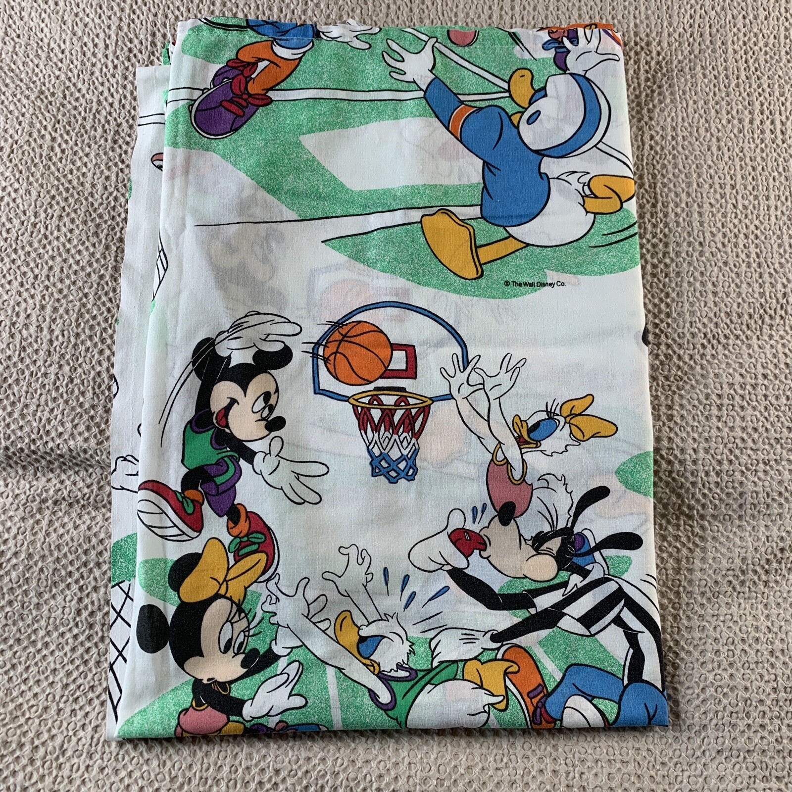 Vtg Disney Mickey Mouse & Friends Twin Flat Sheet Sports Football Baseball Socce