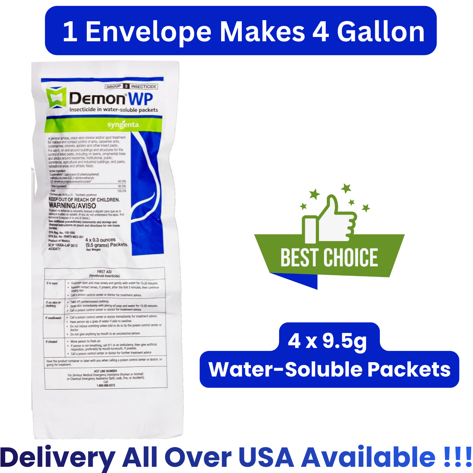 Demon WP Insecticide 4 x 9.5g Water-Soluble Packets, Makes 4 Gallons by Syngenta