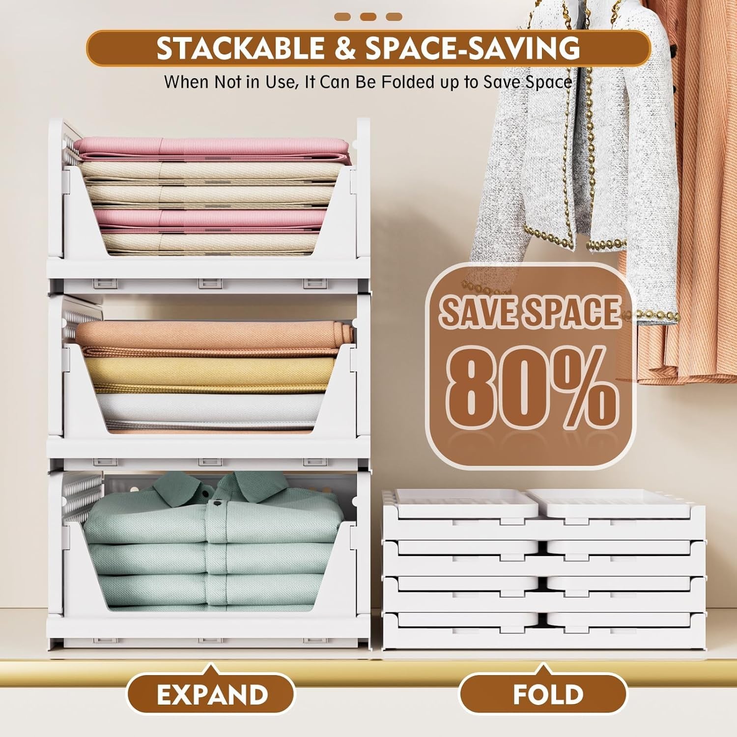 SNSLXH 5 Pack Foldable Closet Storage Baskets Stackable White for Bathroom