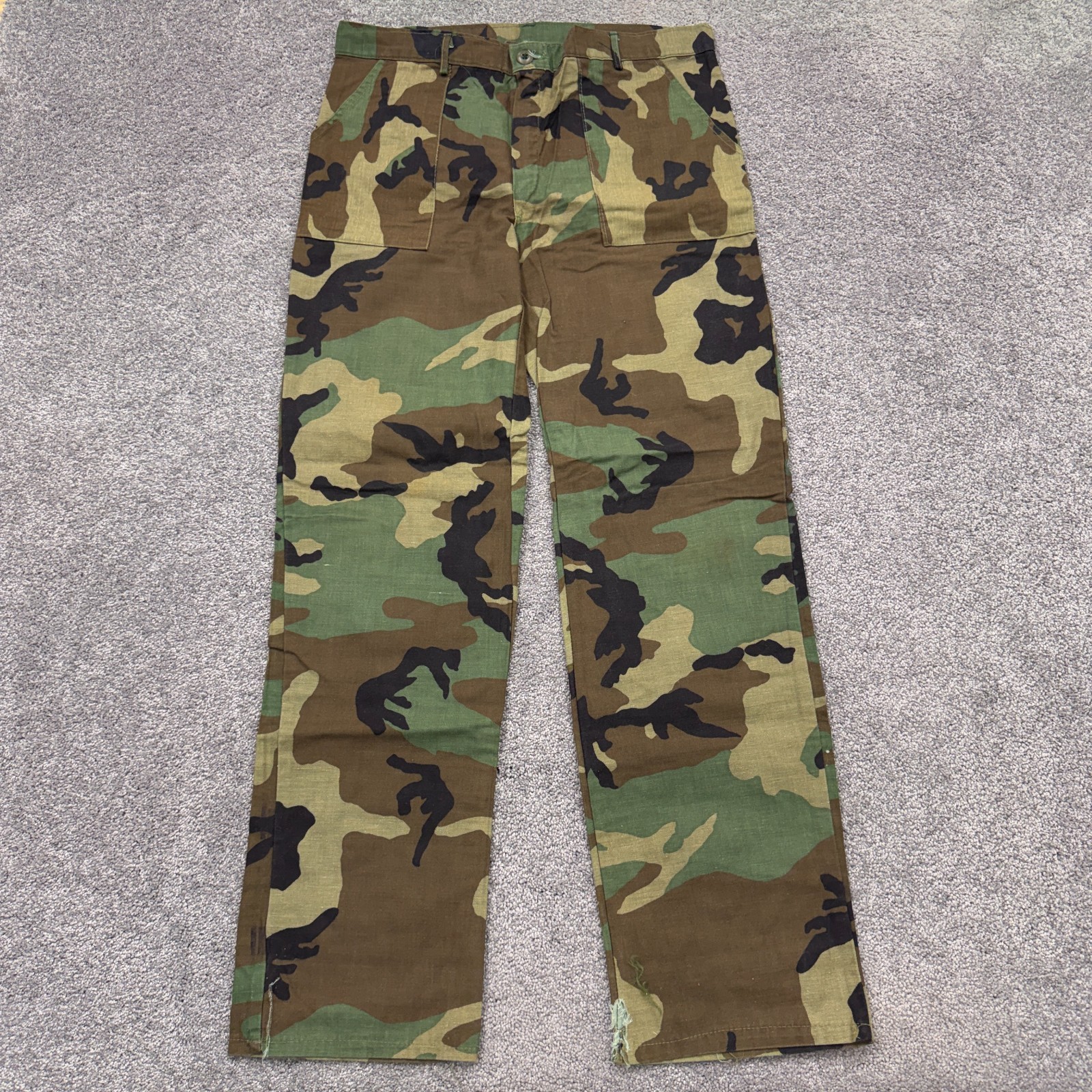 Military Woodland Camo Pants Straight Leg 33X31 Zip Fly Cut Hem Ink Stains
