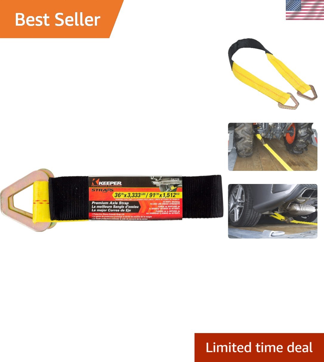 3,333 lbs Capacity Axle Tie Down Strap with D Rings - Shock Absorbing Design