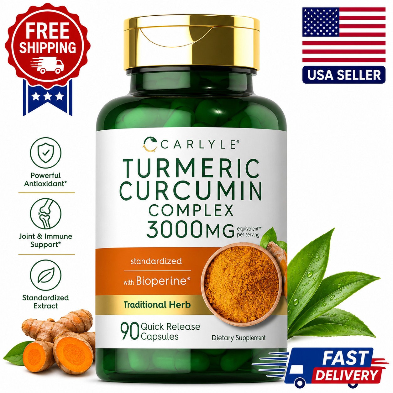 Tumeric Curcumin Max Potency and Ginger Complex 3000 mg, 120 Softgels by Carlyle