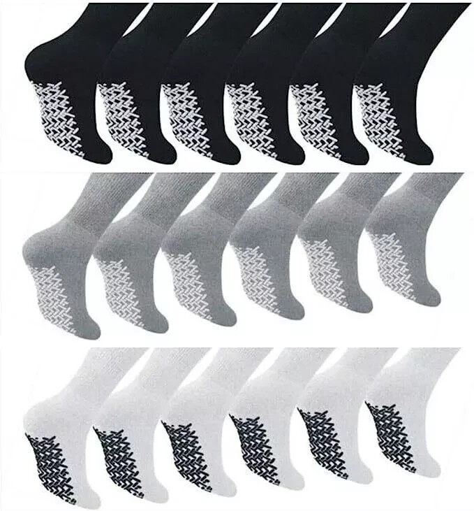 6 Pair Men Non skid Gripper Diabetic Crew socks Non Binding Loose Fit Top Cotton