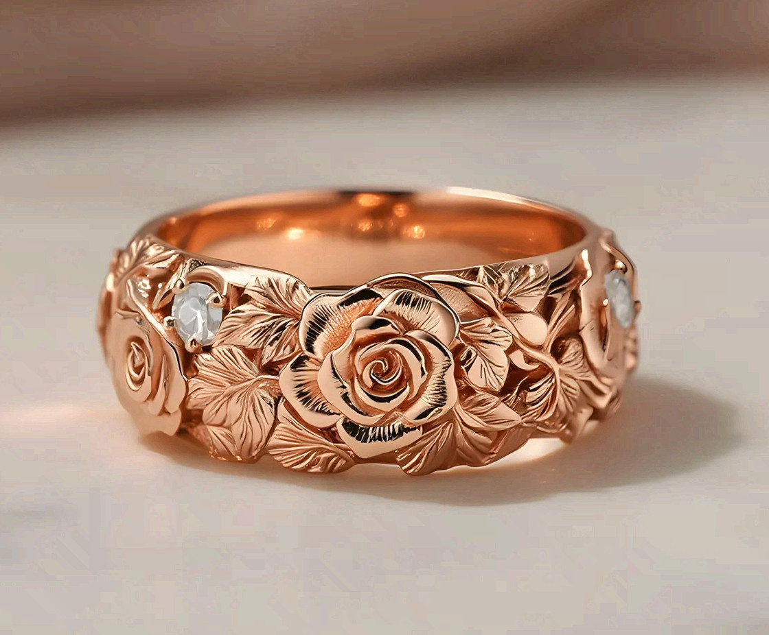 Rose Gold Copper Flower Ring Band Cubic Zirconia Fashion Statement