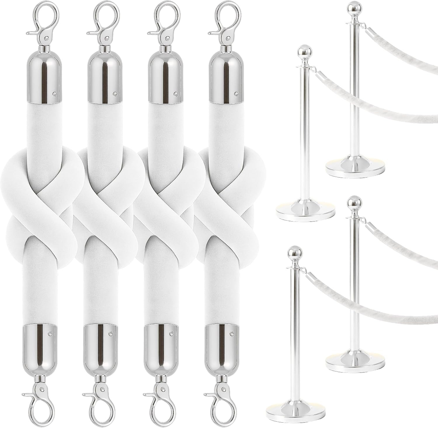 4PCS White Velvet Rope 5FT � Soft Velvet Ropes with Silver Snap Ends Stanchion S