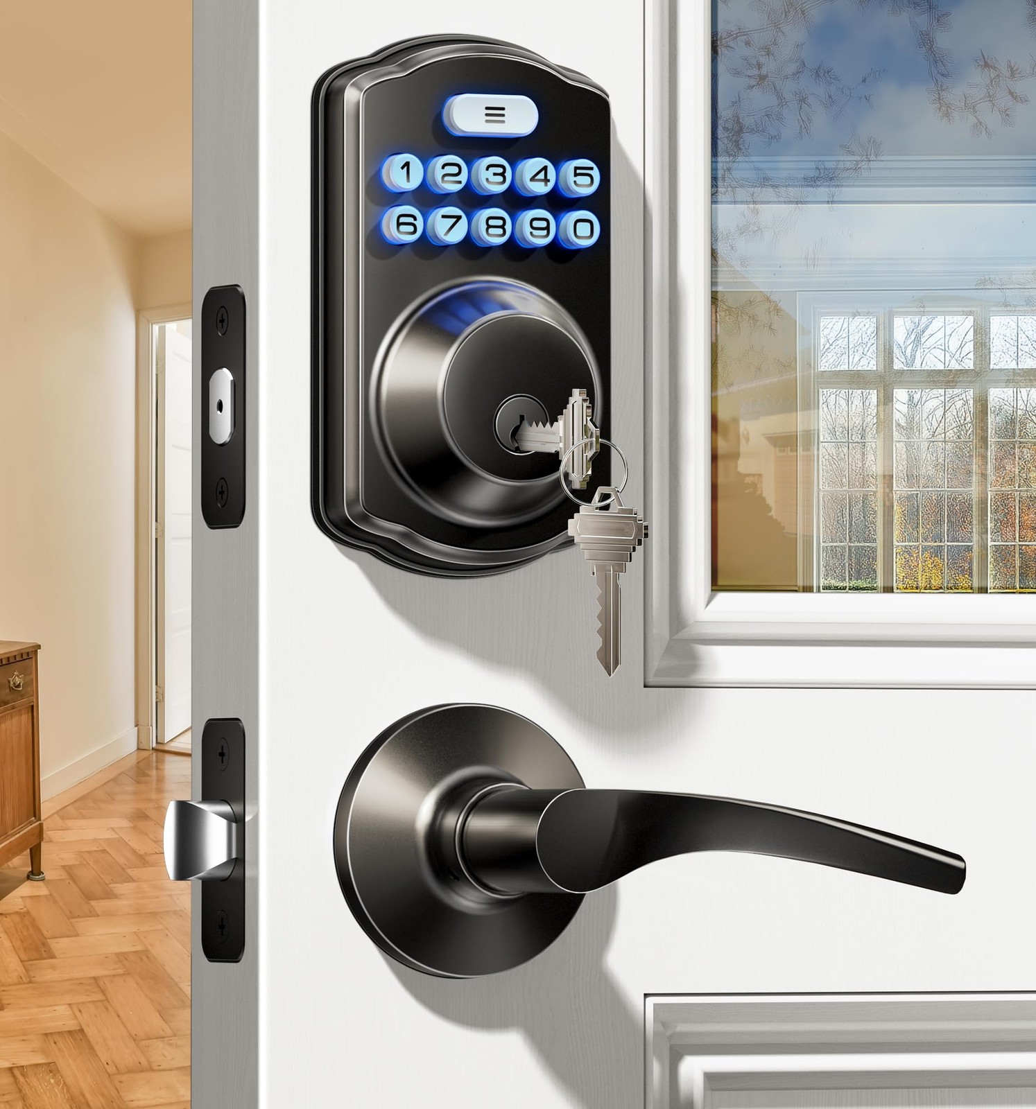 Veise Keyless Entry Door Lock with 2 Lever Handles - Electronic Matte Black
