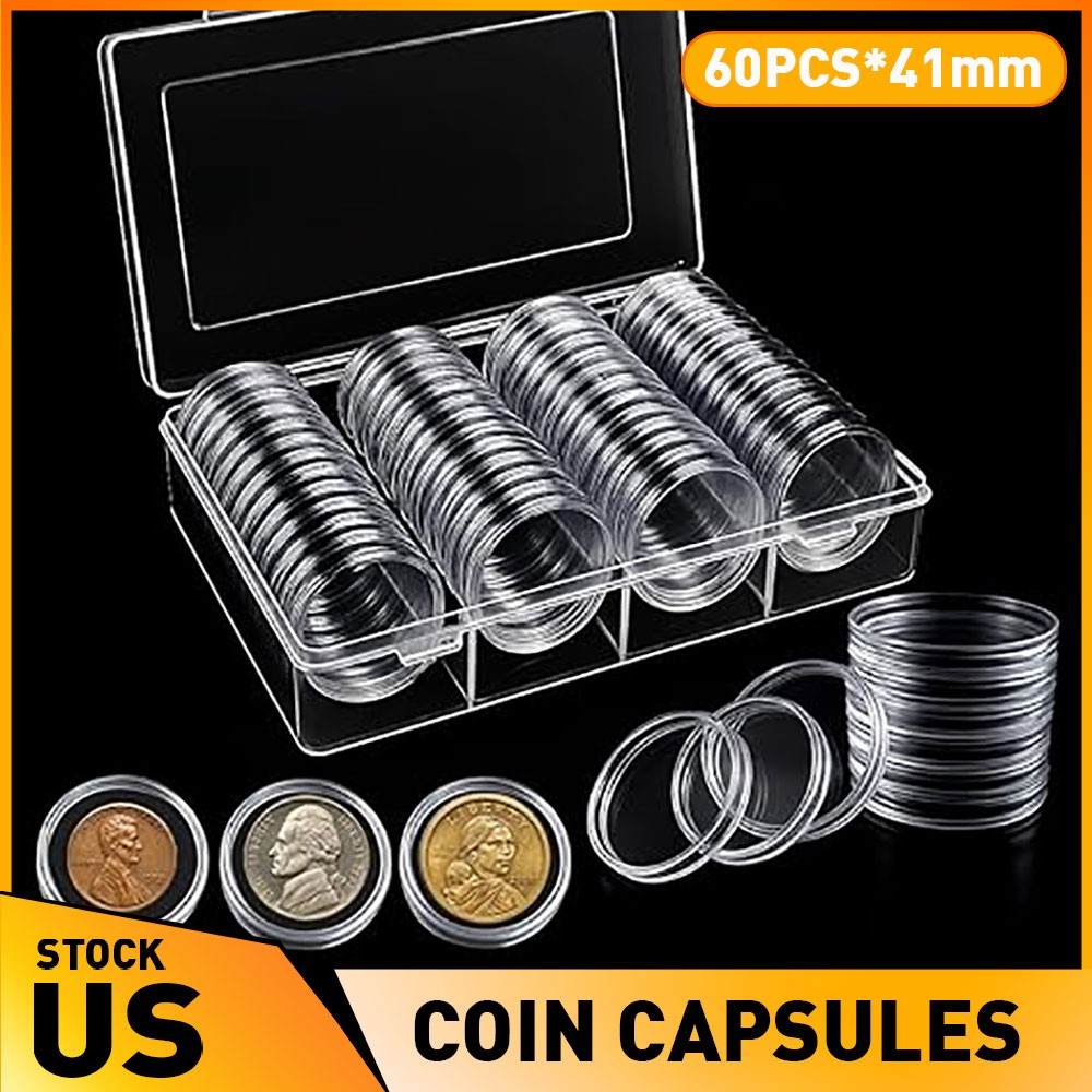60PCS*41mm Coin Capsules Round Plastic Coin Holder White gaskets with Case Box