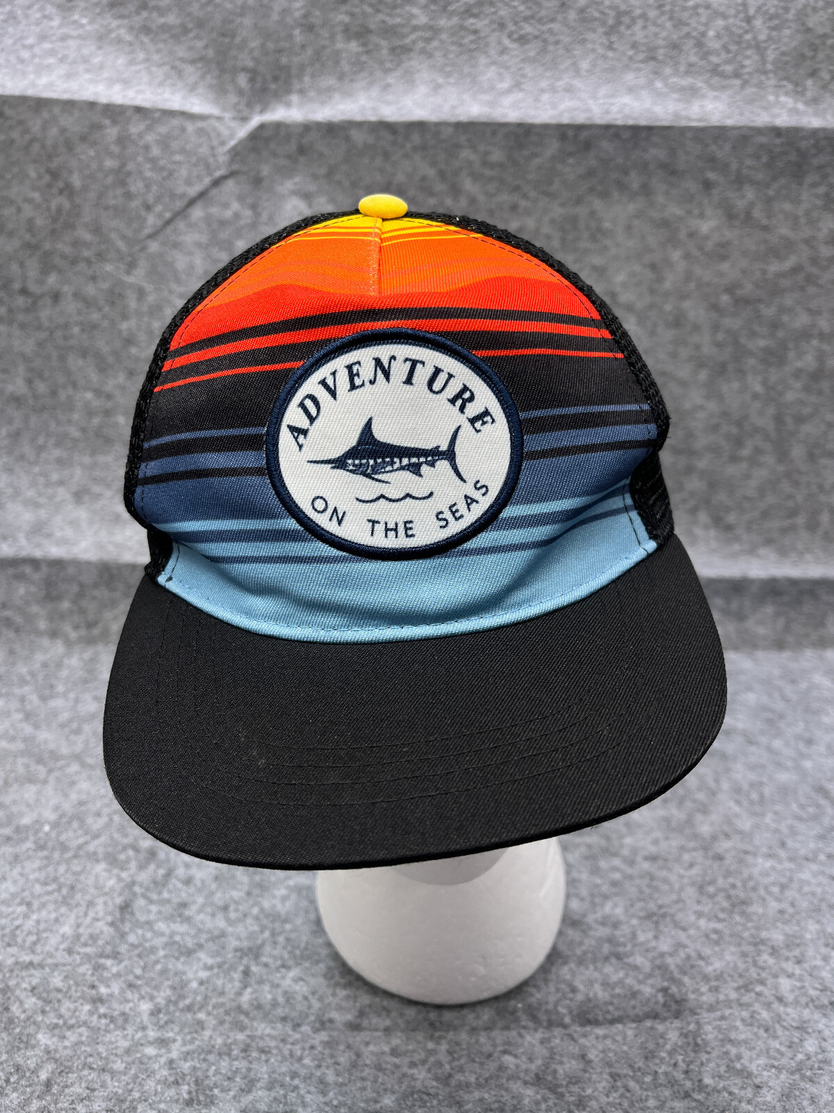 Adventure On The Seas Marlin Hat Cap Snap Back Youth OS Blue Stripe Trucker