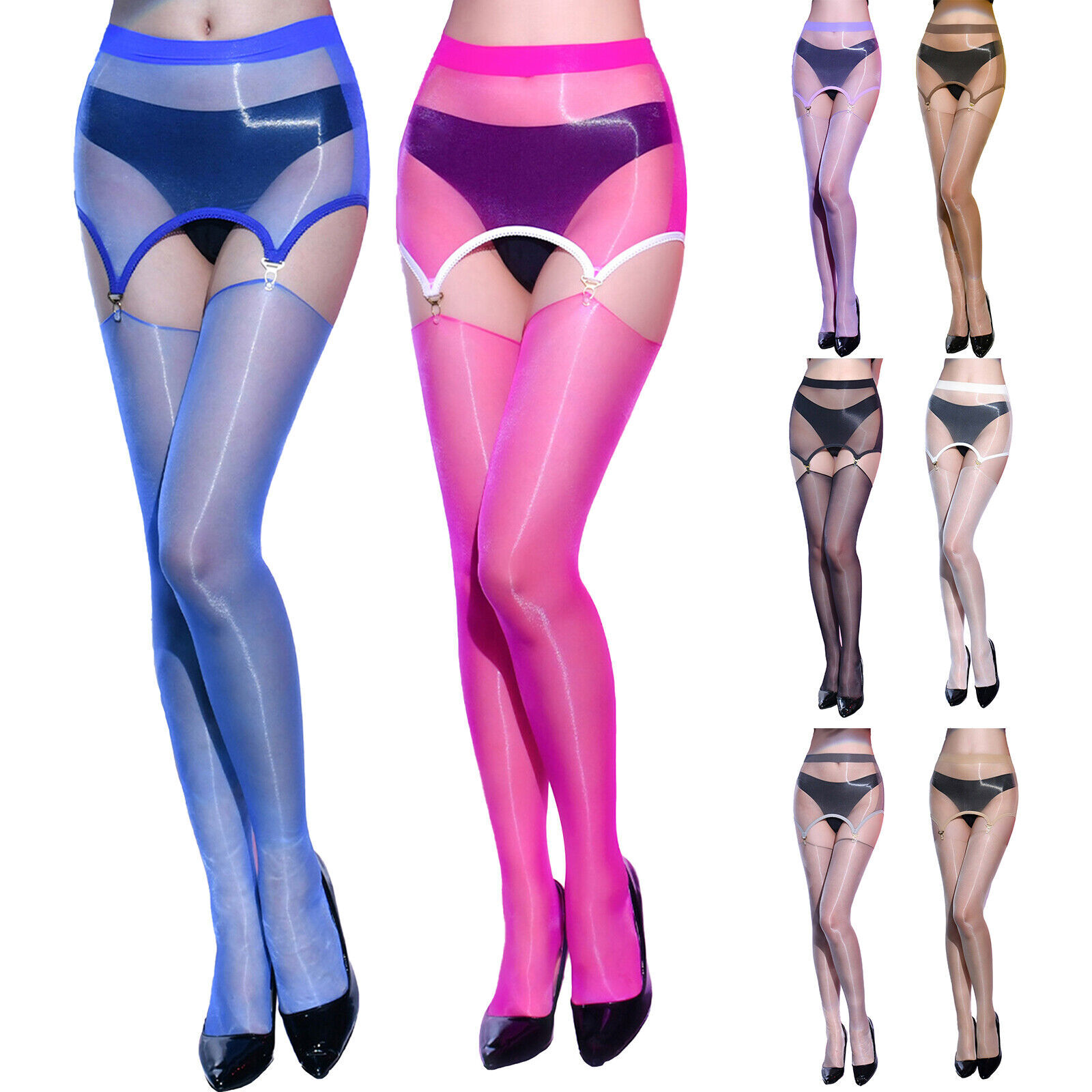 Oily Shiny Pantyhose High Waist Garter Stockings Set Detachable Suspender Tights